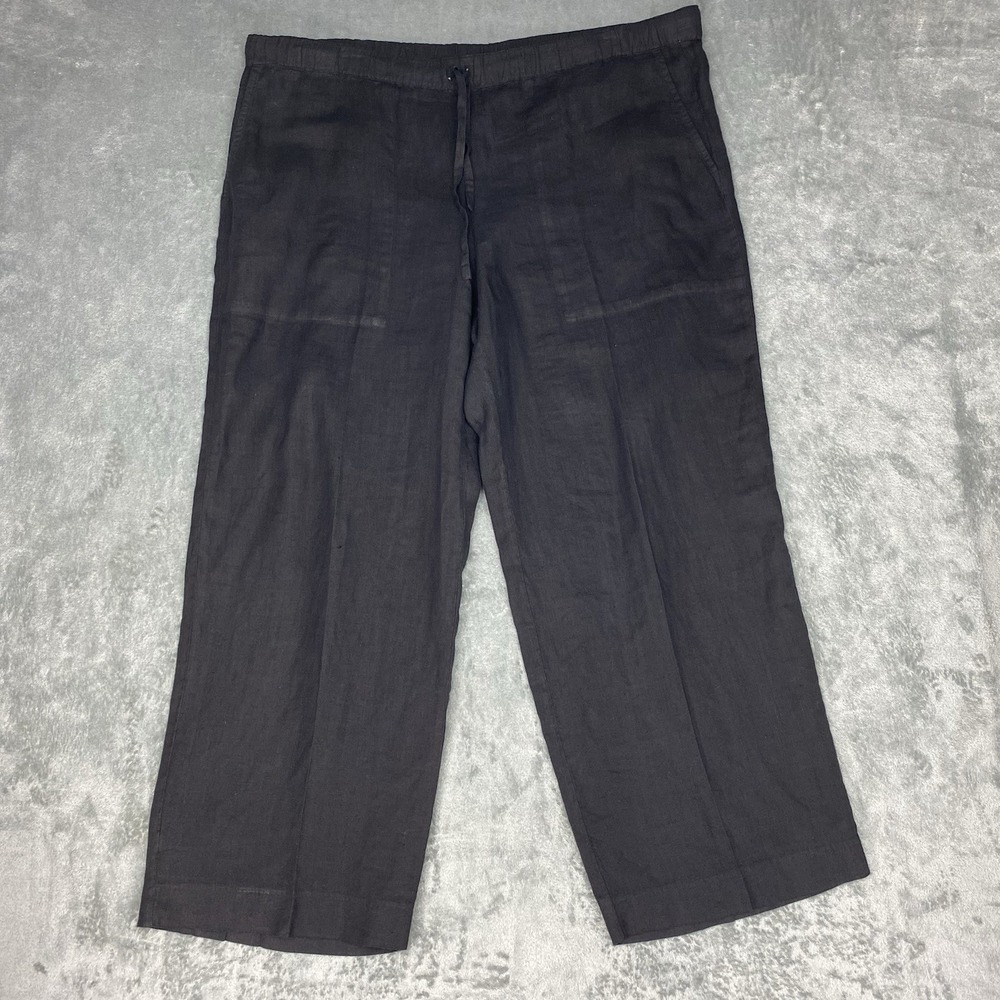 120% Lino Pants Womens Sz XL 48 Black Wide Leg Ankle Linen Pull On Made In Italy